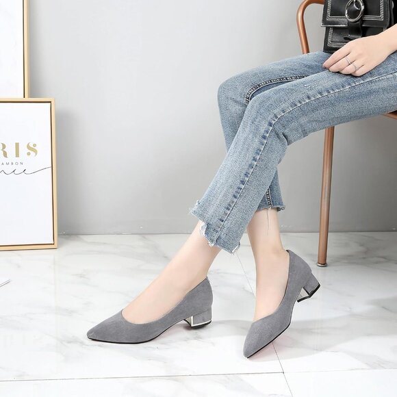 Women's Grey Suede Low Heels Stacked Block Heeled Causal Flats Pumps Shoes - Picture 7 of 7